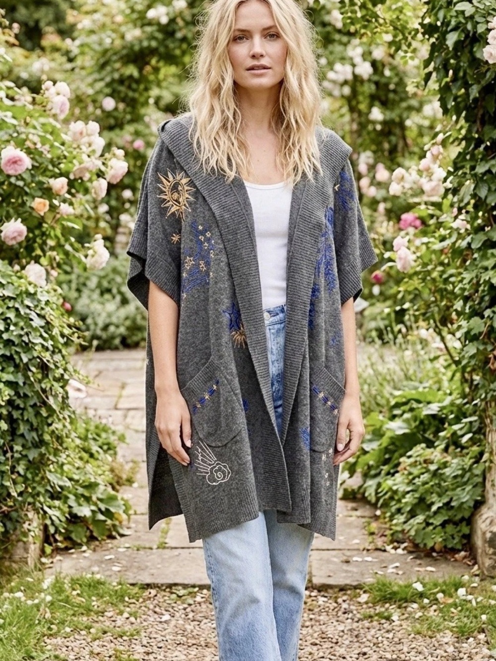 Johnny Was Gray Hooded Embroidered Classic Cape Mairora